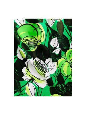 Vintage Cotton Floral Print Fabric Remnant Green Black & White Flower Power